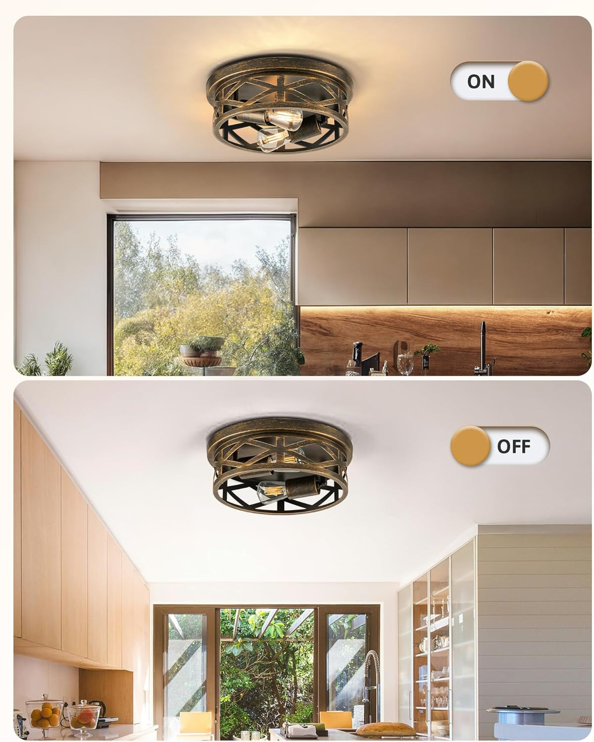 Flush Mount Ceiling Lights, 2-Light Hallway Ceiling Lighting Fixtures, 11 Inch Farmhouse Metal Cage Ceiling Lights for Entryway Kitchen, Adjustable Lamp Holders, ETL, 2 Pcs, Oil-Rubbed Bronze