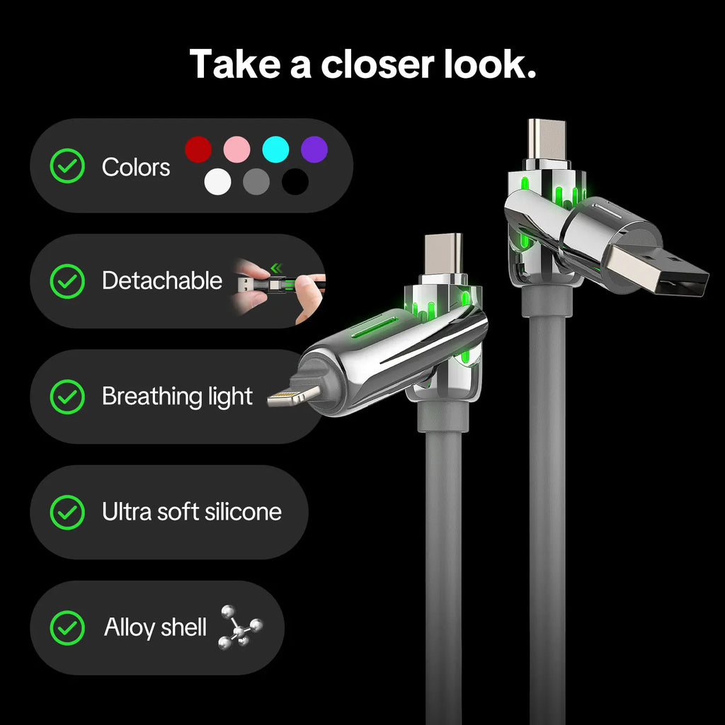 Mfish 4-In-1 Charger Multi 240W Fast Charging Super Liquid Silicone Cable with USB a Type C Lightning for Iphone17&Samsung Laptops Charger