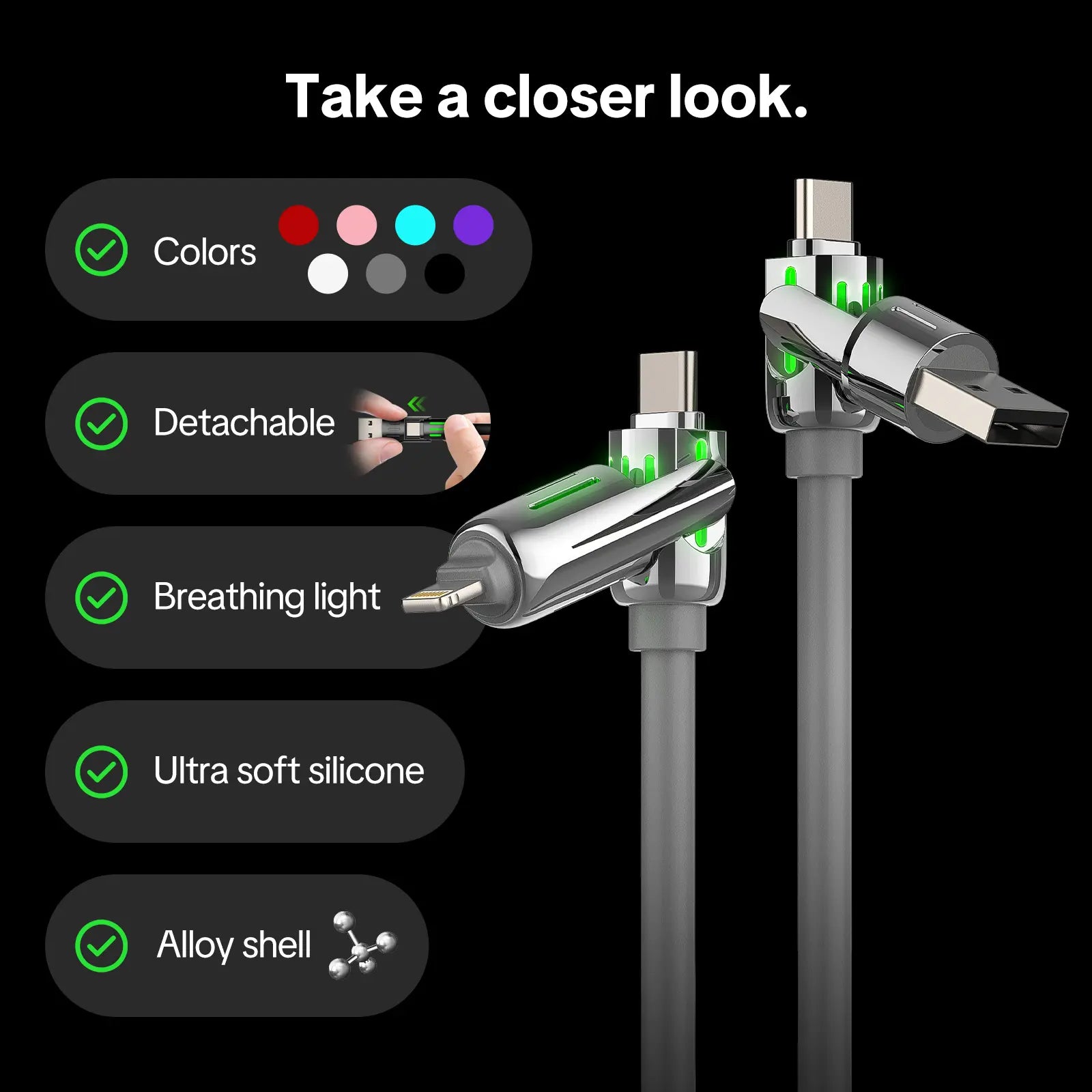 Mfish 4-In-1 Charger Multi 240W Fast Charging Super Liquid Silicone Cable with USB a Type C Lightning for Iphone17&Samsung Laptops Charger
