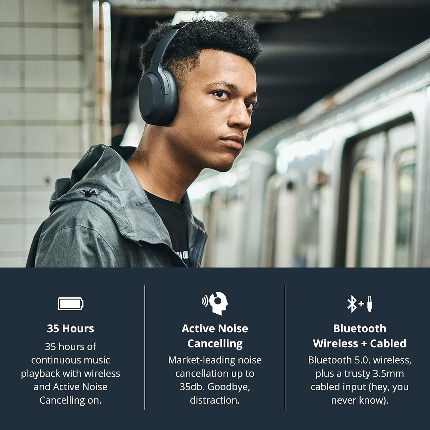 Flagship ANC Wireless Headphones - 4X Built-In Mics - Foldable over Ear Noise Cancelling - Bluetooth & Cabled - 35 Hour Battery